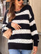 Contrast Color Stripe Long Sleeve Loose Pullover Sweater - Black