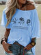 Flower Letter Print Off-shoulder Short Sleeve Casual T-shirt For Women - Light Blue