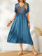 فستان كاجوال طويل بجيب على شكل حرف V وطبعة زهرة عرقية - أزرق