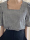 Plaid Print Square Шея Элегантная блузка с короткими рукавами - Черный