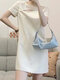 Solid Short Sleeve Hollow Crew Neck Casual Dress - White