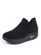 Women's Casual Sports Breathable Stretch Knitted Fabric Comfy Soft Cushion Rocker Sole Wlaking Shoes - Black