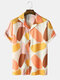 Mens Color Block Button Up Revere Collar Short Sleeve Shirt - Orange