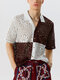 Mens Windowpane Pattern Patchwork Knit Revere Collar Shirt - Brown
