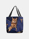 Women Felt Cute Cat Print Handbag Tote - Blue