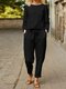 Solid Long Sleeve Pocket Knotted Two Pieces Suit - Black