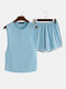 Men Plus Size Loose Pajamas Set Side Open Tank Tops Thin Breathable Boxer Shorts Plain Loungewear - Sky Blue