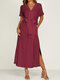 Solid Color V-neck Bowknotted Side Pockets Slit Hem Short Sleeve Dress - Wine Red
