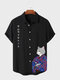 Mens Cartoon Japanese Cat Figure Print Lapel Short Sleeve Shirts - Black