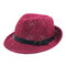 Women Caddice Weave Gridding Breathable Curl Brim Addition Leather Belt Fashion Jazz Hat  - Red 1