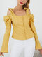 Women Solid Color Off Shoulder Bowknot Button Long Sleeve Blouse - Yellow