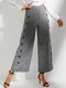 Botón liso de color liso Decoración informal largo Pantalones para Mujer - gris