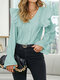 Women Solid Color V-neck Bell Long Sleeve Ruffle Button Blouse - Green