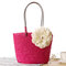 Women Straw Flower Designer Handbag Vocation Beach Bag - Rose Red