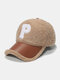 Unisex Lambswool Plush PU Patchwork Color Contrast P Letter Patch Autumn Winter Outdoor Warmth Baseball Cap - Camel