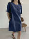 Denim Back Buttons Solid Crew Neck Casual Dress - Navy