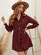 Solid Snap Button Belt Long Sleeve Lapel Collar Casual Dress - Wine Red