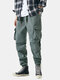 Mens Solid Applique Cotton Drawstring Cuff Cargo Pants With Multi Pockets - Gray