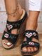 Summer Women's Comfy Flowers Embroidered Plus Size Hand-Stitched Casual Wedge Slippers - Black