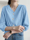 Textured Contrast Button Front V-neck 3/4 Sleeve Blouse - Blue