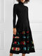 Vintage Print High Neck Long Sleeve Midi Dress - Black