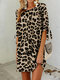 Leopard Print Knot Sleeve Plus Size Loose Mini Dress  - Khaki