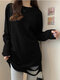 Solid Ripped Long Sleeve Crew Neck T-shirt For Women - Black