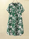 Vestido feminino manga curta floral Planta estampado botão quarto de manga curta - Verde