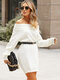 Solid Slash Neck Long Sleeve Casual Sweater Dress - White