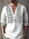 पुरुषों की विंटेज प्लांट प्रिंट हाफ बटन लंबी आस्तीन वाली हेनले शर्ट - सफेद