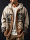 Mens Ethnic Geometric Print Patchwork Button Front Hooded Shirt Jacket Winter - Apricot