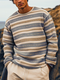 Mens Stripe Print Crew Neck Long Sleeve Pullover Sweatshirts - Blue