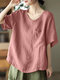 Women Solid Crew Neck Cotton Short Sleeve Loose Blouse - Pink