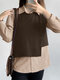 Women Striped Patchwork Lapel Button Design Long Sleeve Blouse - Brown