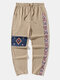Mens Ethnic Geometric Print Patchwork Cotton Drawstring Straight Pants - Khaki