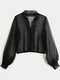 Mesh V-neck Puff Long Sleeve Button Solid Color Sexy Blouse - Black