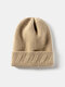Unisex Knitted Solid Color Jacquard Brimless Flanging Outdoor Warmth Beanie Hat - Beige