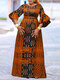 Plus Size Women Allover Print Crew Neck Bell Sleeve Maxi Dress - Orange