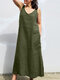 Women Solid V-Neck Side Split Cotton Sleeveless Dress - Army Green