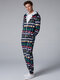Mens Hooded Christmas Onesies Zip Down Holiday Pajamas Printing Loungewear Christmas Sleepwear - Blue