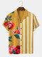 Mens Floral & Striped Patchwork Revere Collar Short Sleeve Shirts - Yellow