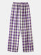 Check Print Elastic Waist Loose Straight Leg Pants Women - Purple