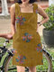 Women Floral Print Square Collar Cotton Sleeveless Dress - Yellow