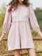 Solid Hollow Ruffle Loose Crew Neck 3/4 Sleeve Casual Dress - Pink