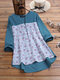 Vintage Printed Notched Neck Patchwork Button Long Sleeve Blouse - Blue