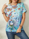 Butterfly Print O-neck Short Sleeve Casual T-Shirt For Women - Blue
