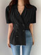 Women Double Breasted Puff Sleeve Solid Lapel Blazer - Black