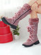 Women Casual Warm Pom Pom Cross Strap Side Zipper Mid Calf Snow Boots - Purple