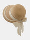 Women Straw Woven Striped Bowknot Silk Scarf Decoration Notch Elegant Casual Straw Hats - Khaki