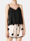 Women Smooth Pajamas Short Set Lace Trim V-Neck Sleeveless Loungewear With Polka Dot Panty - Black